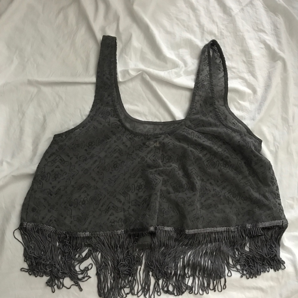 Adorable Grey Fringe Crop Tank
